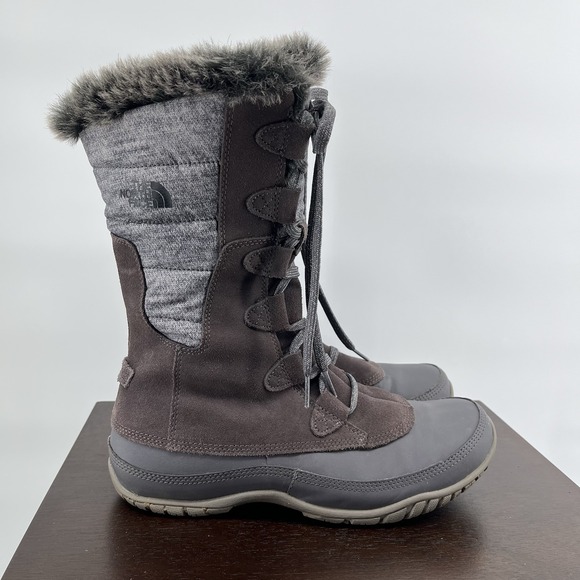 The North Face Boots Women's 8.5 Nuptse Purna Gray Suede Faux Fur Trim Mid Calf - Picture 5 of 8